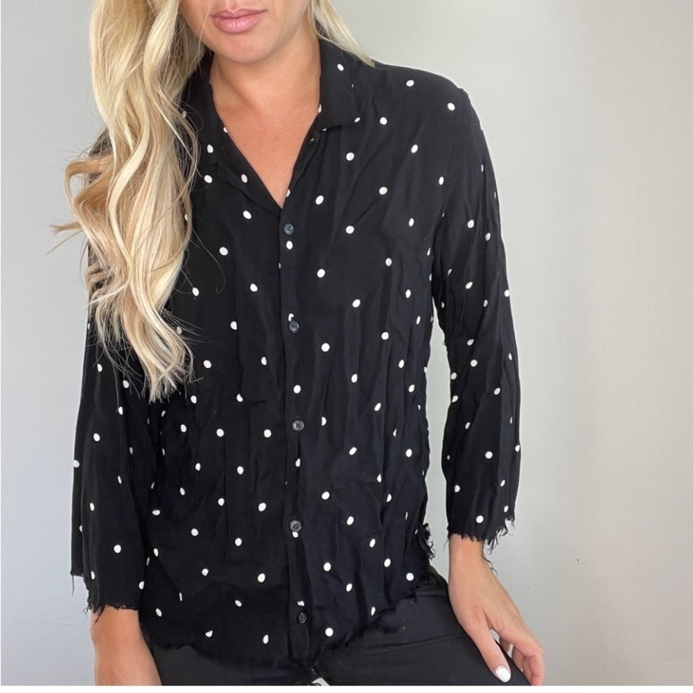 All Saints Black Button Down Shirt with White Polka Dots